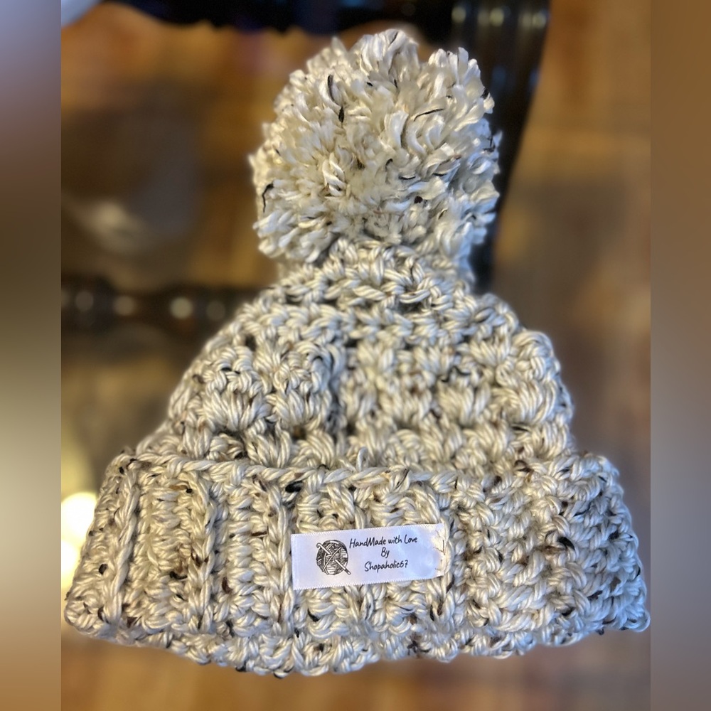 Handmade, crochet, granny square beanie hat with pom-pom adult size hat